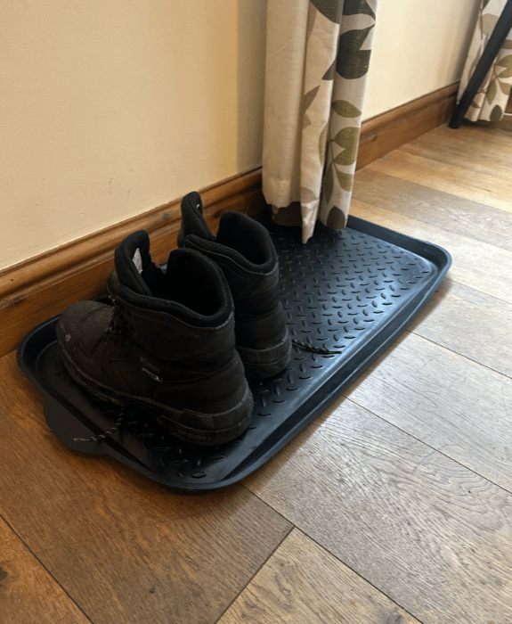 Shoe tray for muddy fisherman's boots - essential amenity for anglers visiting Hay-on-Wye and the River Wye