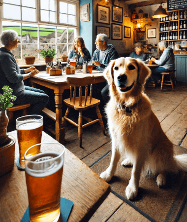 Cartoon of a dog in a cosy Hay-on-Wye pub – pet-friendly places to eat and relax in the Welsh countryside