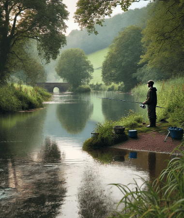 Fishing near the bridge in Hay-on-Wye – relaxing riverside spot in the Welsh countryside