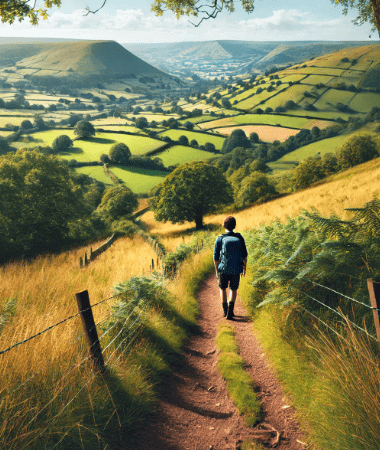Cartoon of hiking the Offa’s Dyke trail near Hay-on-Wye – scenic walking route in the Welsh countryside